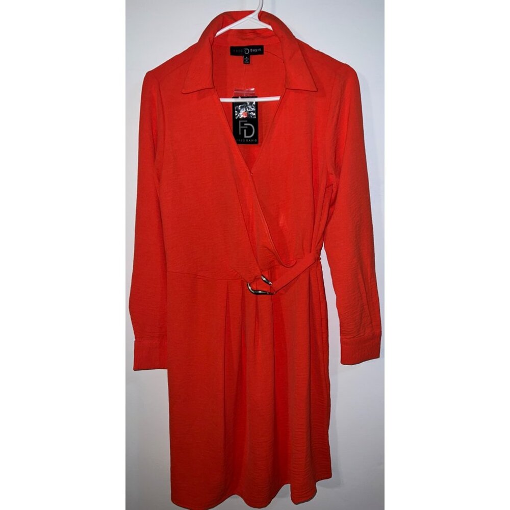 New Fred David Women's Orange Wrap Dress Size S Long sleeve - Picture 1 of 4
